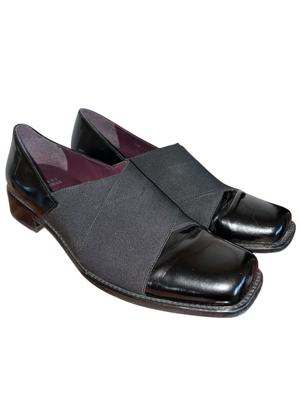 Stuart Weitzman Black Loafers Women 9, Sleek Leather & Fabric, Slip-On euc